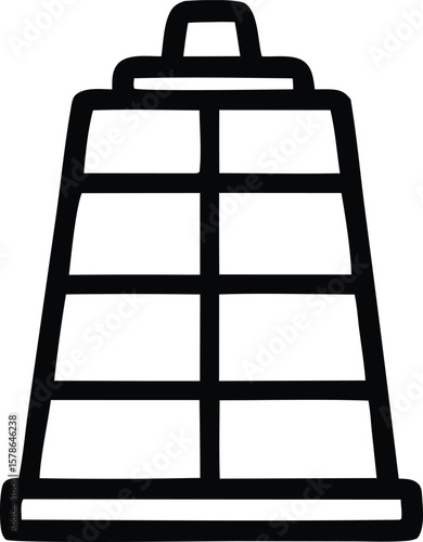 A minimalist black and white illustration of a stylized open sided cage or enclosure with horizontal bars and a rounded top