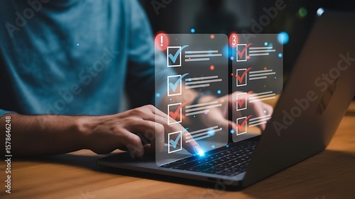Man completes digital checklist on a laptop, signifying tasks, productivity, and efficient workflow management.
