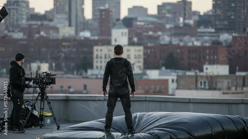 Behind the scenes of an action movie shoot on a city rooftop. A male stuntman in tactical gear prepares for a jump onto an airbag.