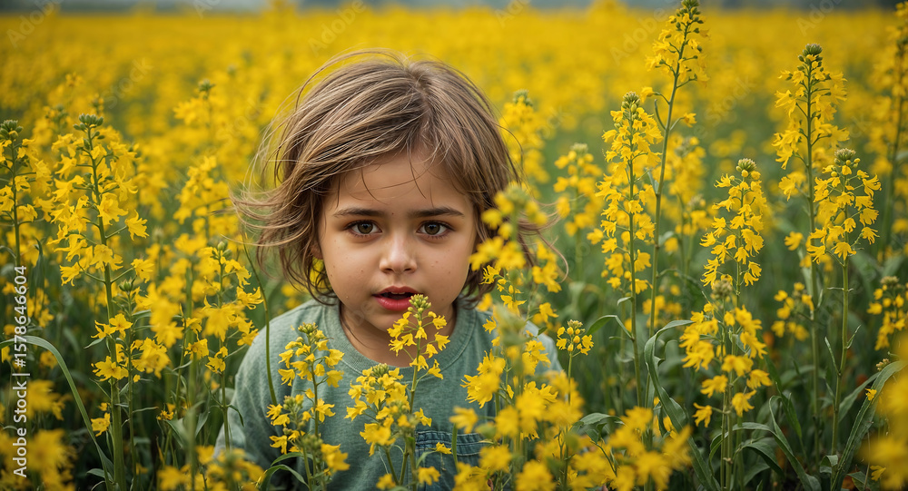 Realistic Child in Rapeseed Field Yellow Flowers Landscape Nature Portrait Realistic Child in Rapeseed Field Yellow Flowers Landscape Nature Portrait