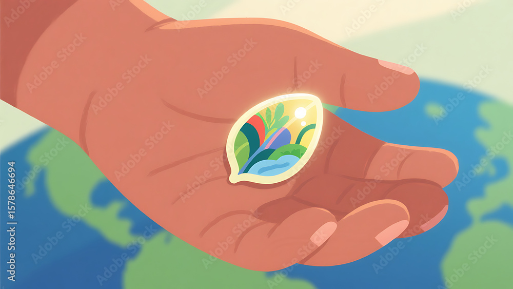 Naklejka premium Hand holding a vibrant, miniature ecosystem within a leaf-shaped capsule, representing environmental conservation and the protection of nature against a blurred world map background