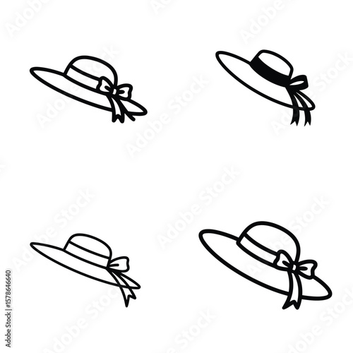 Four Simple Line Drawings of Womens Sun Hats with Bows Black and White Fashion Accessory Illustrations Pack 13