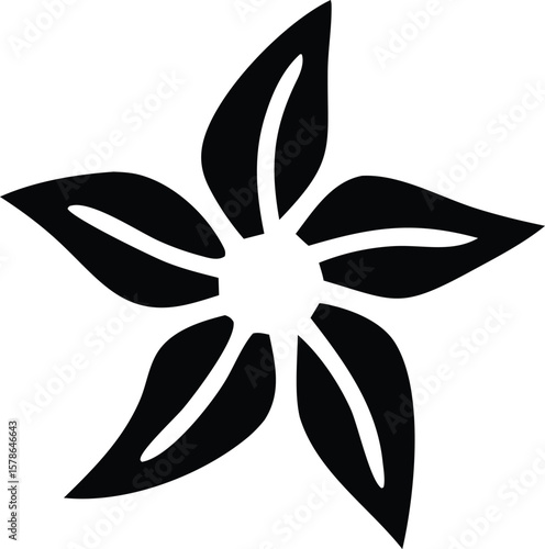 Abstract black silhouette of a starburst flower with five petals and a central opening