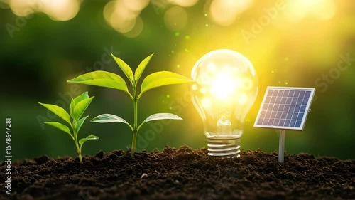 Young Plant with Solar Panel and Lightbulb Representing Green Energy and Sustainable Recycle Practices in Nature