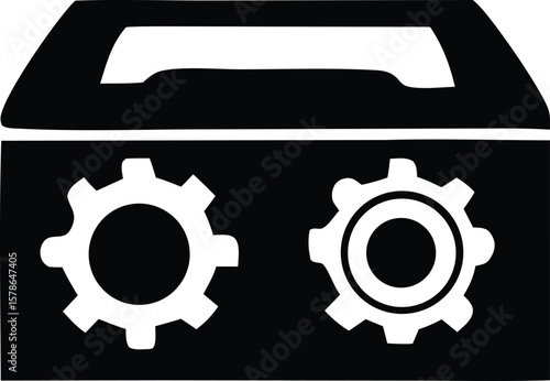 Iconic representation of a toolbox containing two gears symbolizing mechanical engineering repair and industrial solutions