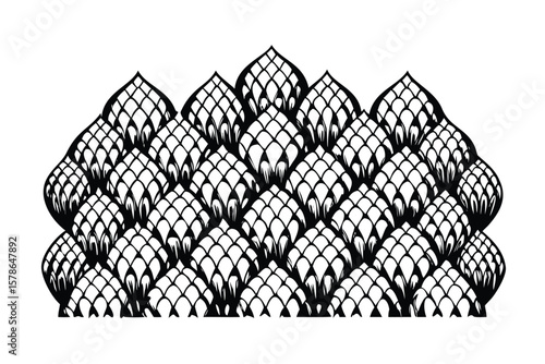 Realistic Pangolin Scale Seamless Vector Pattern. Detailed Engraved Armor Texture. Black and White Animal Background