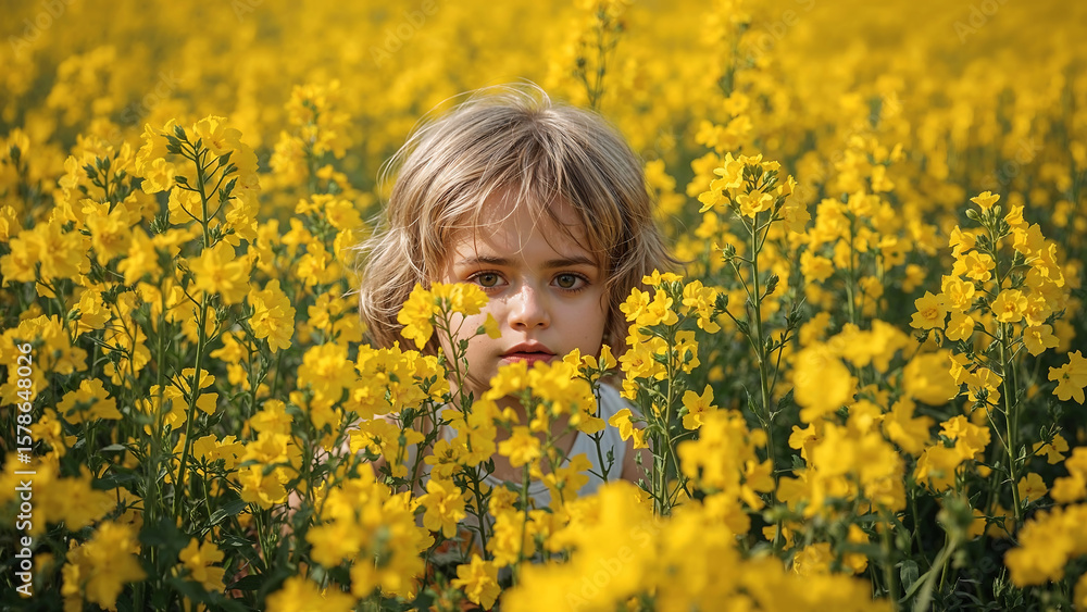 Realistic Child in Rapeseed Field Yellow Flowers Landscape Nature Portrait Realistic Child in Rapeseed Field Yellow Flowers Landscape Nature Portrait