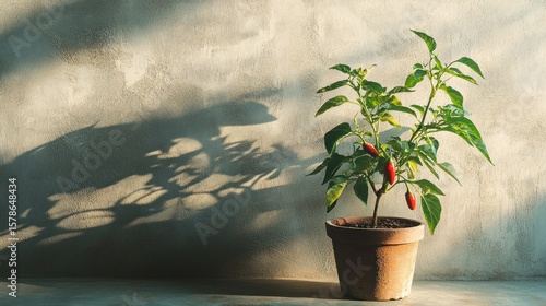 A chili plant in a terracotta pot, bathed in sunlight