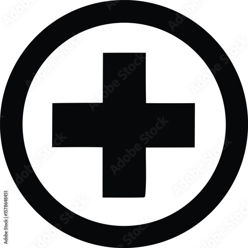 A simple black cross symbol centered within a thick black circle against a clean white background