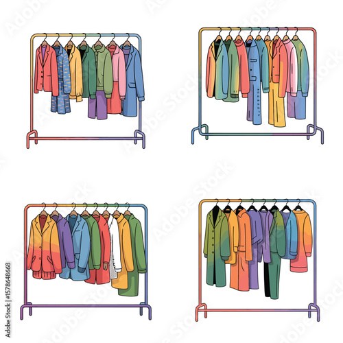 Four Rainbow Colored Clothing Racks Displaying Diverse Colorful Coats Jackets and Suits in Gradient Hues on White Background