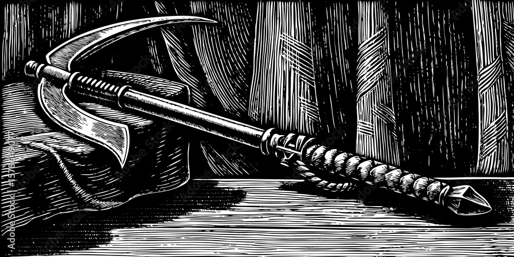 Fototapeta premium Vintage sickle resting on wooden surface in rustic setting