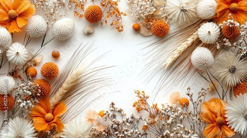 Elegant Floral Arrangement Emphasizing White and Orange Flowers with Textural Elements for Creative Spaces
