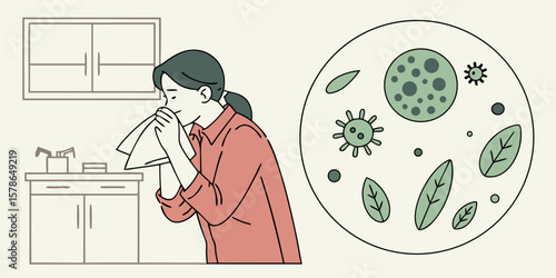 Woman sneezing into tissue in kitchen with germs illustration  