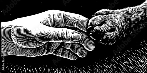 Human hand reaching for dog paw in black and white illustration  