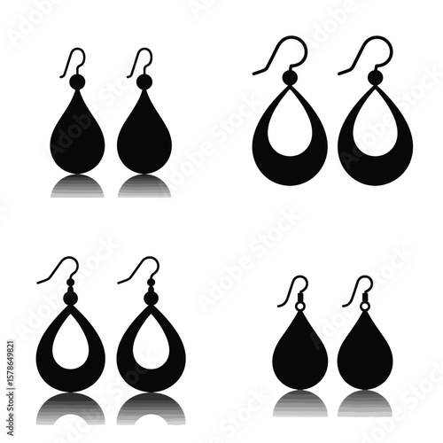 Four Pairs Black Teardrop and Oval Shaped Dangle Earrings Fashion Jewelry Accessory Design Silhouettes Set