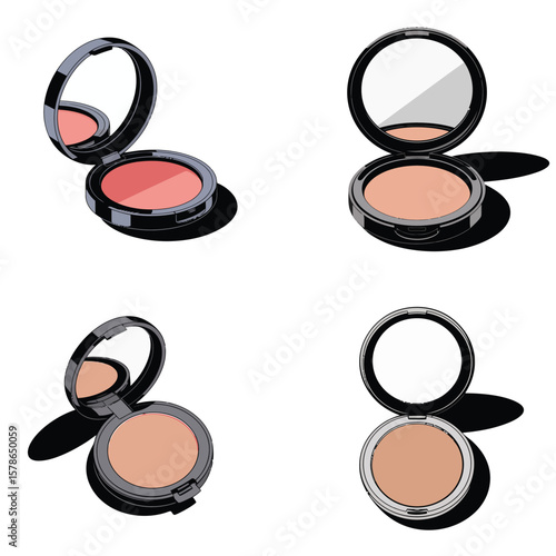 Four Compact Powder Makeup Sets with Mirrors Open Displaying Various Shades of Peach Pink and Beige Powder in Black Cases Against White Background