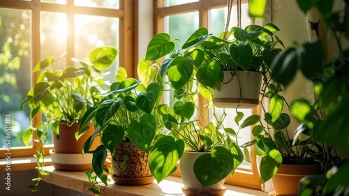 Close-up of potted houseplants on a window sill, bright sunlight shining through the window illuminating the green foliage indoors, cozy home atmosphere