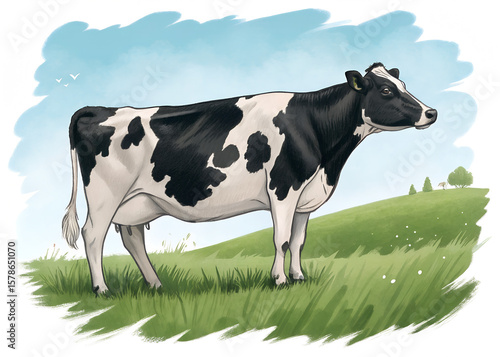 Adorable Black and White Cow Illustration on Green Hill