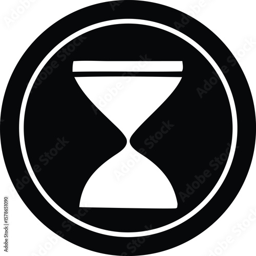 A stylized black and white hourglass icon within a circular border representing time and measurement