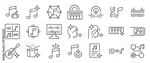 ai music generated icon set. It included song, melody, music generator, artificial intelligence, and more icons. Editable Vector Stroke.