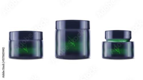 Realistic jar and tube for cream shampoo. Color green. For advertising presentation and website. Layout poster packaging concept beauty blog online store. Vector illustration.