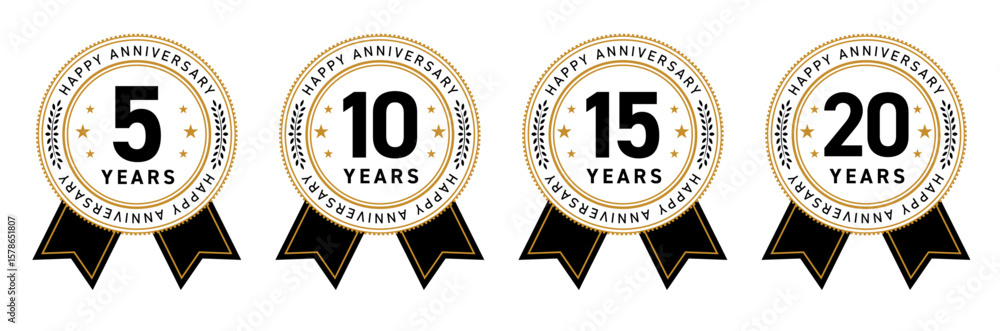 Fototapeta premium 5周年・10周年・15周年・20周年のフラットなアニバーサリーメダルロゴセット（YEARS デザイン素材）