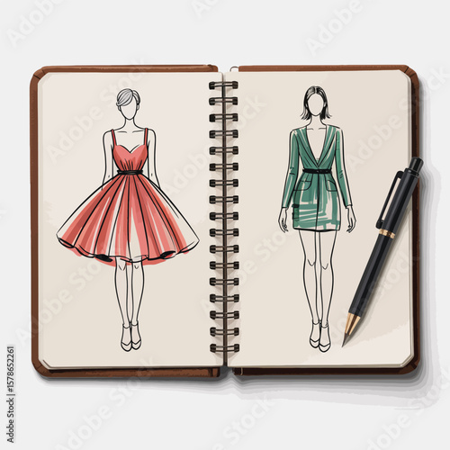 Open sketchbook displaying fashion design sketches of a coral pink dress and a teal green patterned blazer dress alongside a black pressure pen on a beige background