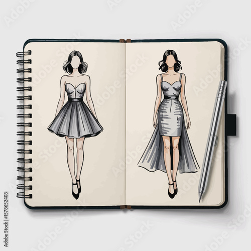 Open sketchbook displaying fashion design sketches of two gray dresses one short A line dress and one high low dress a silver pressure pen rests on the open pages