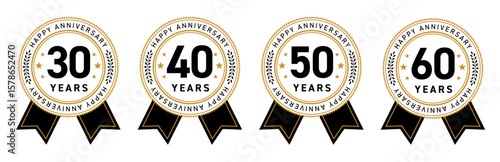 30周年・40周年・50周年・60周年のフラットなアニバーサリーメダルロゴセット（周年記念 ロゴマーク ベクター）