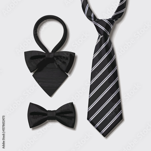 Black Bow Tie and Necktie Set Arranged on a Light Gray Background Two Black Bow Ties One Classic Style One Self Tied Style Black and White Striped Necktie Formal Menswear