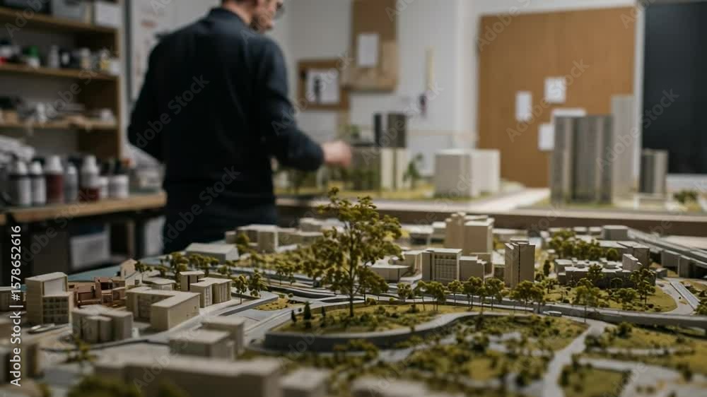 Male architect working on a detailed architectural model of a city ...