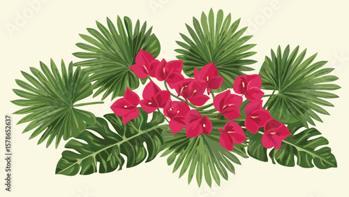 Illustration of bougainvillea flowers with palm and monstera leaves in a tropical arrangement design