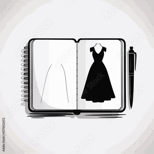 Open sketchbook with black silhouette of a dress design and a pen fashion design concept illustration monochrome artwork