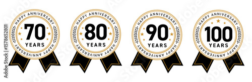 70周年・80周年・90周年・100周年のフラットな記念メダルロゴセット（円形 YEARS 長寿 ベクター）