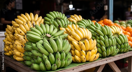 A display of bunches of green and yellow bananas at an outdoor marketplace