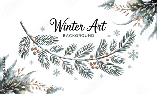 Modern vector winter-themed illustration with watercolor textures featuring pine leaves, flowers and botanical leaves hand drawing. abstract art design for wallpaper, easily editable and scalable.