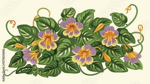 Illustration of purple and yellow flowers with green leaves and curling vines on a light background