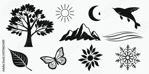 Simple Black and White Nature Icons Set