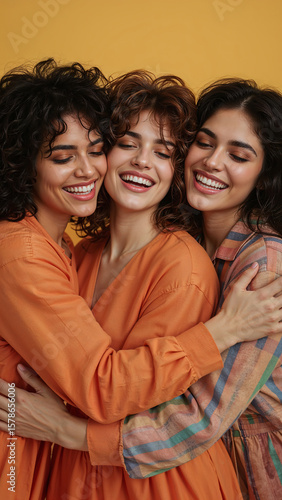 Realistic Joyful Women Diverse Friends Hugging Colorful Makeup Yellow Background