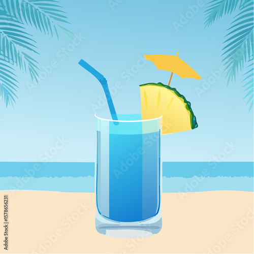 relaxing in blue summer cocktail with pineapple piece on the beach