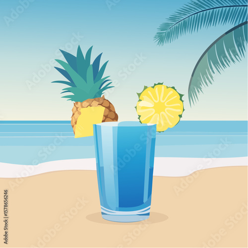 relaxing in blue summer cocktail with pineapple piece on the beach