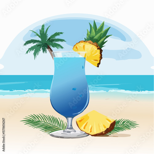 relaxing in blue summer cocktail with pineapple piece on the beach