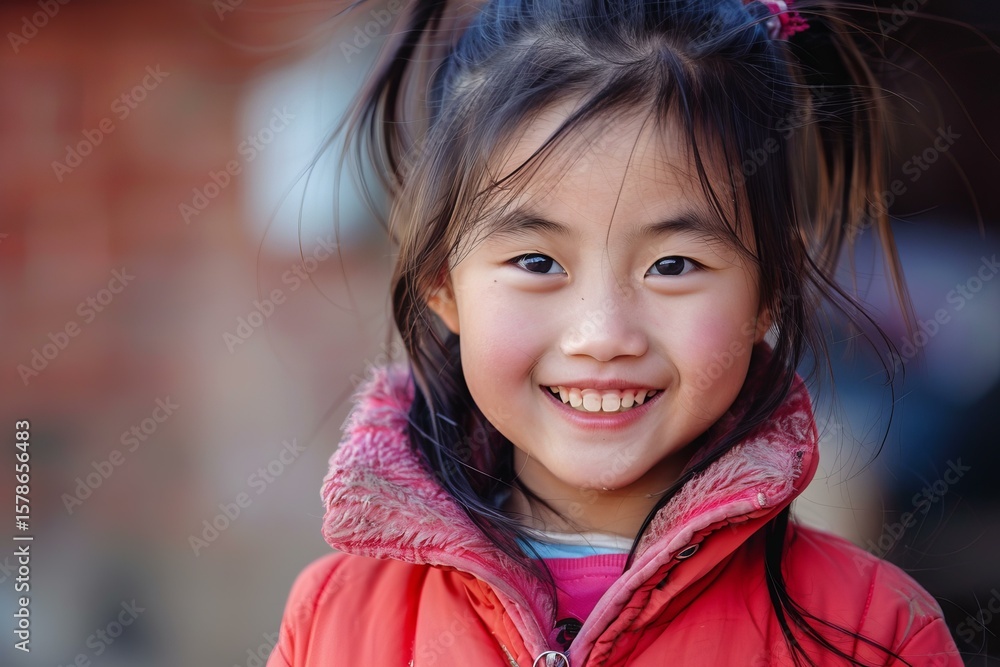 Close up of a cheerful young asian girl smiling, wearing a red jacket with pink furry collar Close up of a cheerful young asian girl smiling, wearing a red jacket with pink furry collar