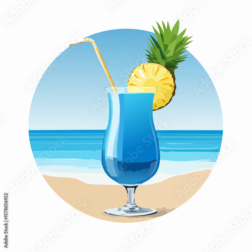 relaxing in blue summer cocktail with pineapple piece on the beach