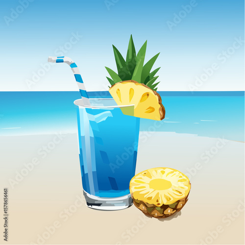 relaxing in blue summer cocktail with pineapple piece on the beach