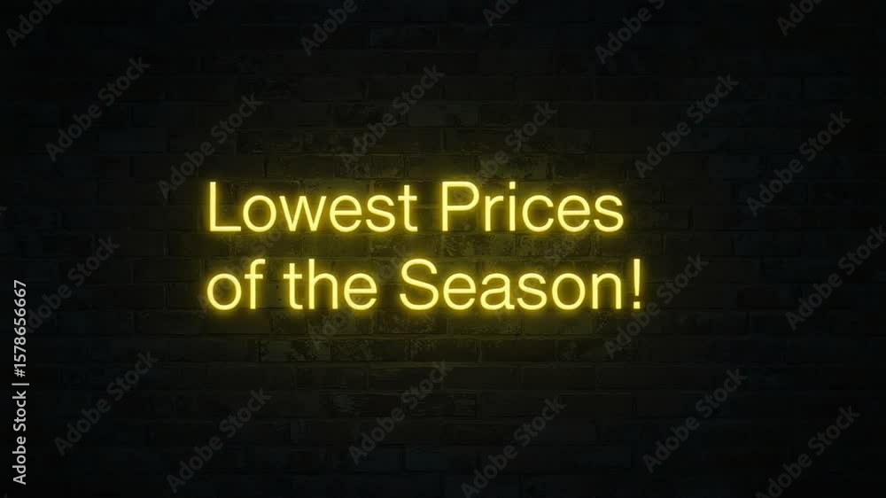 Lowest Prices of the Season! - Neon Sign on Brick Wall, Sale Promotion Lowest Prices of the Season! - Neon Sign on Brick Wall, Sale Promotion