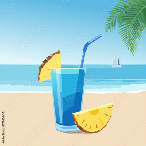 relaxing in blue summer cocktail with pineapple piece on the beach