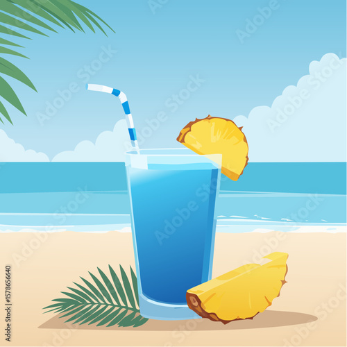relaxing in blue summer cocktail with pineapple piece on the beach