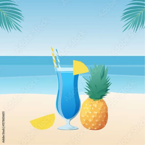 relaxing in blue summer cocktail with pineapple piece on the beach