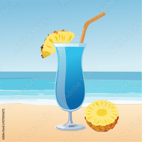 relaxing in blue summer cocktail with pineapple piece on the beach